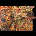 Pour Iron On It! - Bicycle, billboards, car parts, acrylic on canvas - 83" x 107" x 35" (2009)